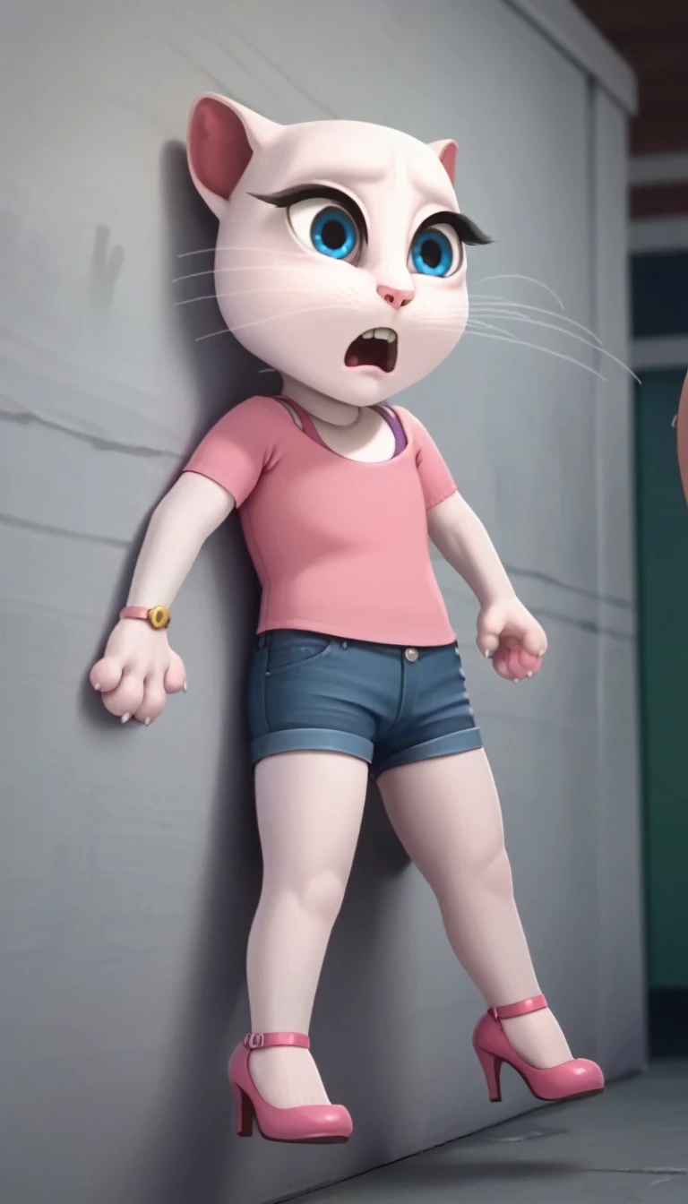 solo focus, a_la, 1girl, cat, white fur, long whiskers on both sides of the face, big bright blue eyes, big black eyelashes, pink nose, triangular ears with pink channels, high heels.short jeans pulled down. 1 girl and 1 boy human.front view. . The woman is leaning against the wall, her leg is stuck, and the man is having sex behind the woman. anal screaming, lying, at home, looking back, big penis, 1 male rape, girl . Score_9, Score_8_up, Score_7_