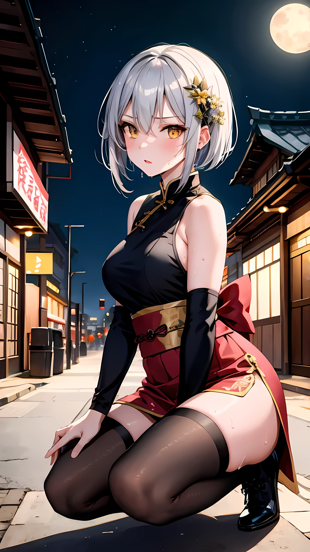 young girl , short silver bob hair, hair flower, sharp bangs between the eyes, yellow  eyes, eyes large, provocative look, obscene expression, notable physical features, traditional chinese imperial clothes black with gold details, red skirt, black thigh high socks., half-sided angle, crouched in the street. japanese city, outdoor city, city at night, with full moon in the background, light reflecting on the sexy and sweaty body. (((sweat))) (work of art:1.2,) (best qualityer.)