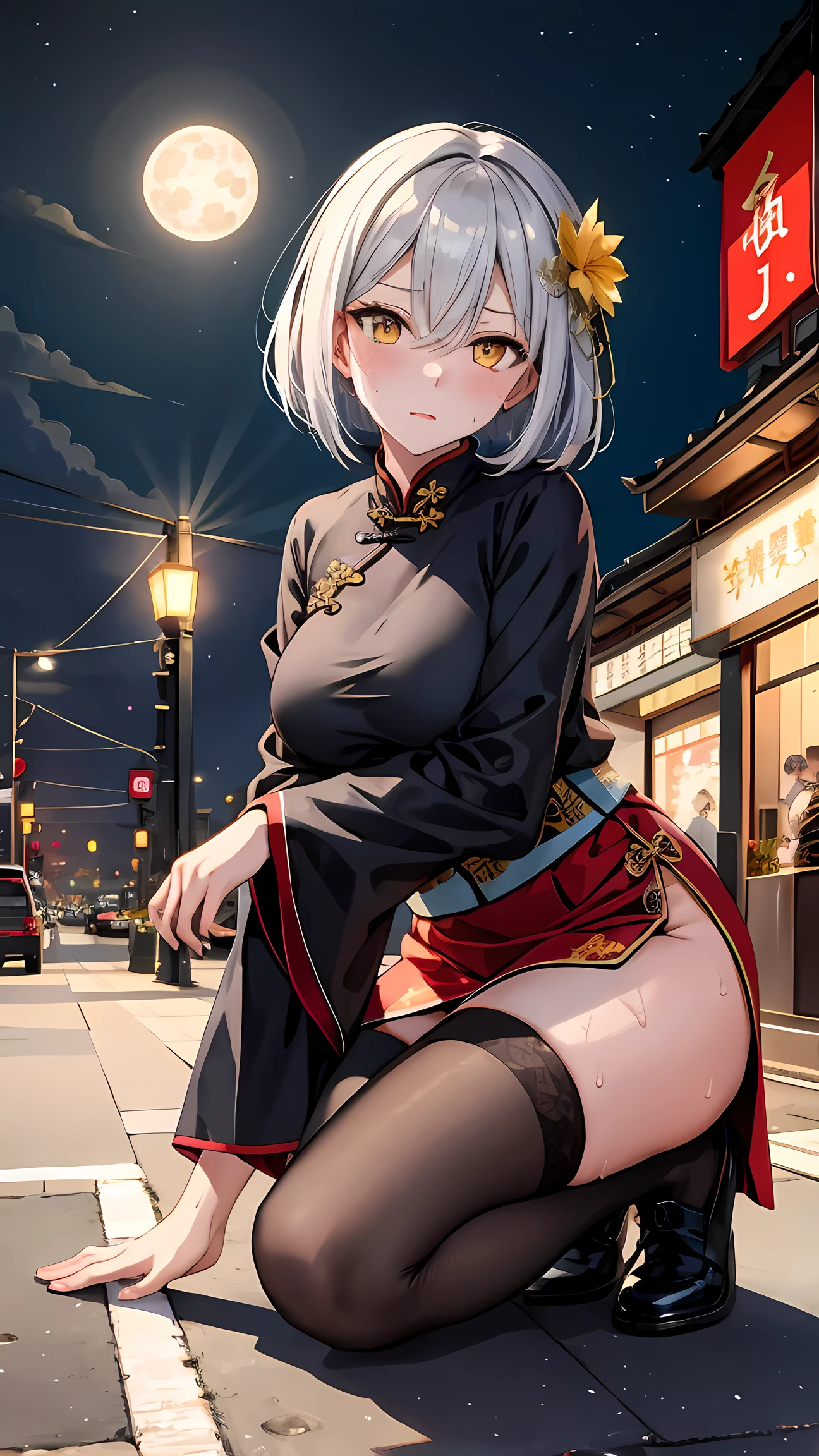 young girl , short silver bob hair, hair flower, sharp bangs between the eyes, yellow  eyes, eyes large, provocative look, obscene expression, notable physical features, traditional chinese imperial clothes black with gold details, red skirt, black thigh high socks., half-sided angle, crouched in the street. japanese city, outdoor city, city at night, with full moon in the background, light reflecting on the sexy and sweaty body. (((sweat))) (work of art:1.2,) (best qualityer.)