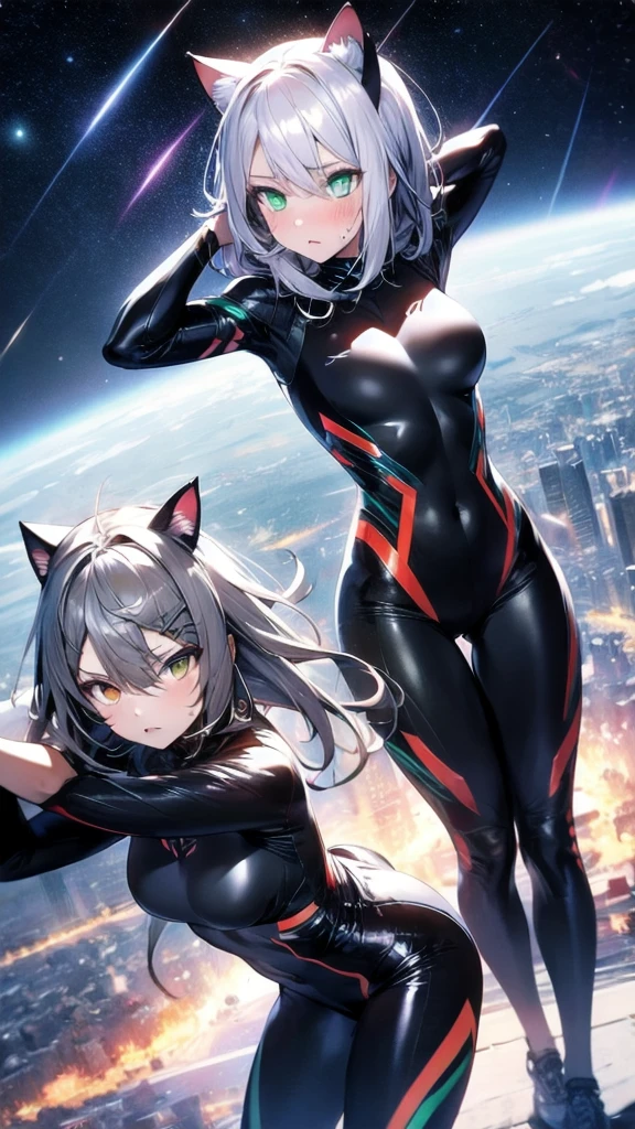 prompts A silver-haired beautiful girl with cat ears eyes are green hair is silver and long clothes: a form-fitting black combat suit The fist is an afterimage The background is a city at night her is in a cat-like fighting pose The year is monitor, Dark Night, Sweat, Steam of Exhalation, Space, Battle, Dynamic Angle one girl