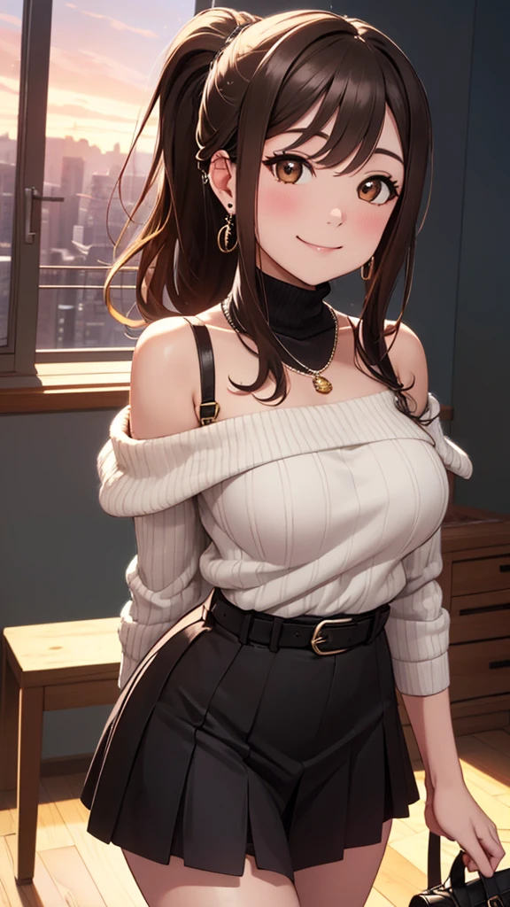 masterpiece, high resolution:1.4), best quality, illustration, ultra-detailed, finely detail, highres, perfect dynamic composition, beautiful detailed brown eyes, shiny necklace and earrings, sexy dynamic body, beautiful brown long hair, 26 years old, (highest quality,4k,8K,High resolution,masterpiece:1.2), Super detailed, abdomen, Smiling with a little excitement, , thighs, cowboy shot, big breasts, black Sleeveless turtleneck, black long skirt, ponytail, bobbin lace ruffle mini skirt,Sexy face, a belt,bags, a necklace,piercings,Big Baggy Bobbin Lace V-Neck Off-Shoulder Sweater,Use the sunset as illumination,Cinematic Light
