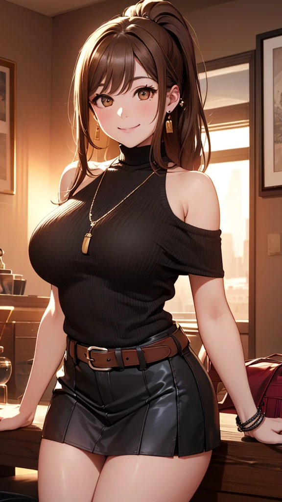 masterpiece, high resolution:1.4), best quality, illustration, ultra-detailed, finely detail, highres, perfect dynamic composition, beautiful detailed brown eyes, shiny necklace and earrings, sexy dynamic body, beautiful brown long hair, 26 years old, (highest quality,4k,8K,High resolution,masterpiece:1.2), Super detailed, abdomen, Smiling with a little excitement, , thighs, cowboy shot, big breasts, black Sleeveless turtleneck, black long skirt, ponytail, bobbin lace ruffle mini skirt,Sexy face, a belt,bags, a necklace,piercings,Big Baggy Bobbin Lace V-Neck Off-Shoulder Sweater,Use the sunset as illumination,Cinematic Light
