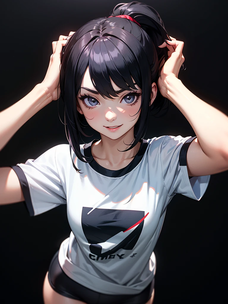 ((Portrait Photo)), She has a and Cheerful Appearance with Black Hair, featuring a Small and Slim Build with a Childlike Behavior. She has Light Gray Eyes, and Expresses a Mischievous and Playful Look, Giving Off an Outgoing Attitude and a Childlike Charm. Her Hair is Short and Tousled, Black with Red Gradient, Styled in a Short Ponytail with Strands Falling Around Her Face. She Wears an Oversized T-Shirt Paired with Fitted Black Athletic Shorts. ((Portrait Photo, HDR, Dark Background))