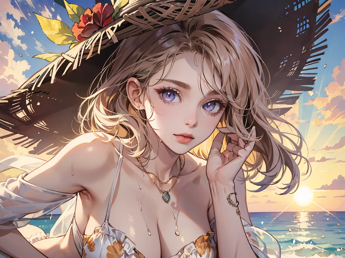 (Masterpiece:1.2, Best Quality), (1 right, Alone), Clothes: White bikini with floral print, wide brim hat, strappy sandals, accessories: shell necklace, Sunglasses, Hair: loose playa waves, by white, bob cut, make up: natural, shiny skin, behavior: relaxed, Carefree, free of spirit, Location: playa, Complex, outdoor festival, purple eyes, (big breasts: 1.2), soggy, (beautiful detailed face, Beautiful detailed eyes), (Sun ray, sunlight, rosa, wind)