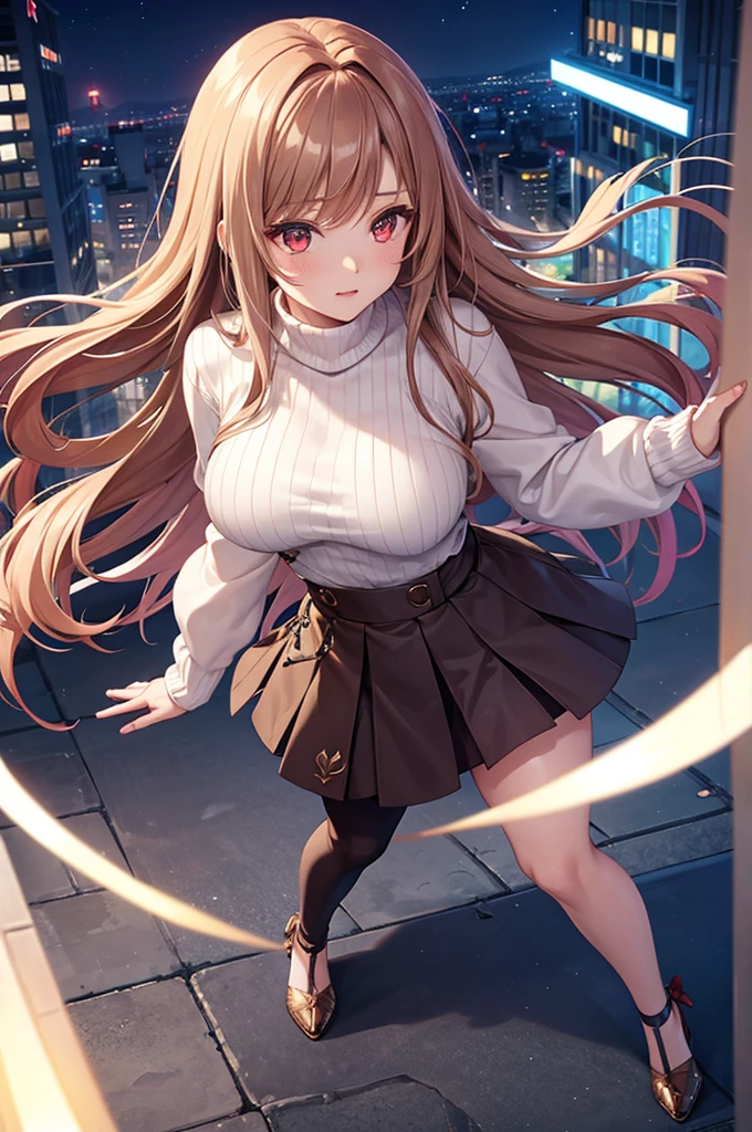 Game , goddess of victory nikke, Rapi , light brown hair,  alluring eyes ,beautiful face , crystal red eyes ,  long hair ,sweater shirt, cream colour shirt, trousers, cheerful eyes, ,g cup breast, slender waist, bewitching thighs, , five fingers each hand, two hand ,two leg , in town, date, hunch over, standing, beautiful, high heels, night life