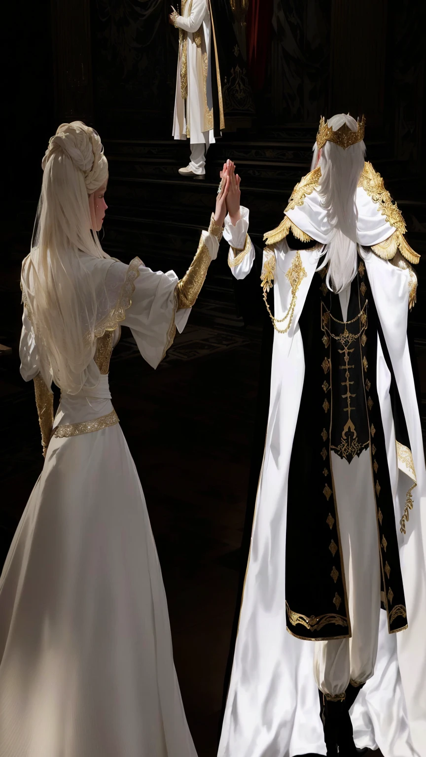 there are two people dressed up next to each other, wearing fancy formal clothes, white and gold robes, gold and white robes, dancing with each other, stately robes, palace dance, Gregory and Manon, imperial royal elegant clothes, gold and white cloak, dancing elegantly over you, wearing a dramatic aristocrat&#39;s robe, ((wearing aristocrat robe))