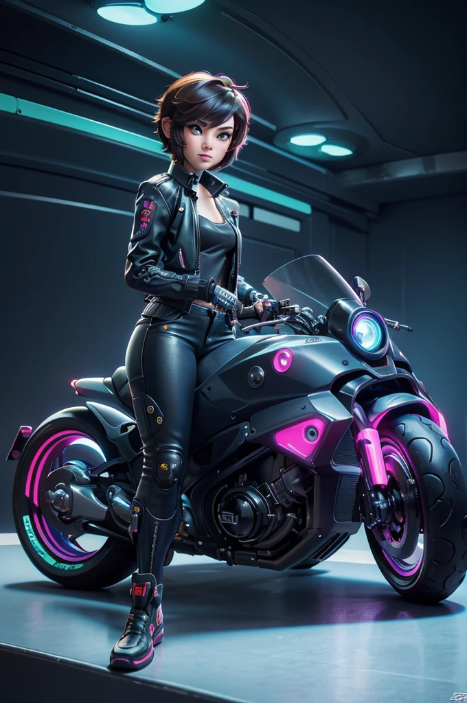 (masterpiece, best quality), female character sitting on a stationary motorcycle, cyberpunk style, leather jacket, Baggypants, short hair with vibrant highlights, confident expression, detailed futuristic motorcycle, neon accents, sleek design, high-tech elements.,