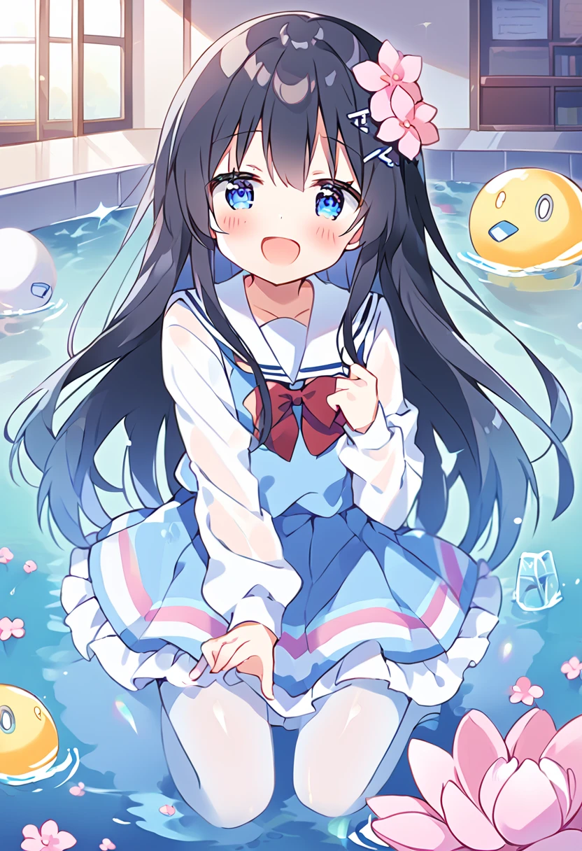 score_9, score_8_up, score_7_up, source_アニメ, masterpiece, 1girl, watahana, blue eyes, black hair, long hair, bangs, hair ornament, hair flower, pink flower, blush, school uniform, blue dress, sailor dress, pinafore dress, white sailor collar,white shirt, red bowtie, long sleeves, flat chest, white pantyhose, loafers, full body, looking at viewer, indoors, open mouth, shiny hair, smile, Open your mouth, cuteポーズ, (Completely flooded)、Immersed in water、Transparent pool, Water Play, Primary school students、Skirt fully open、Long wide skirt、cute、blush、Watery eye、Lots of water、Wet、((The skirt spreads over the water surface.))、(Drowning)、