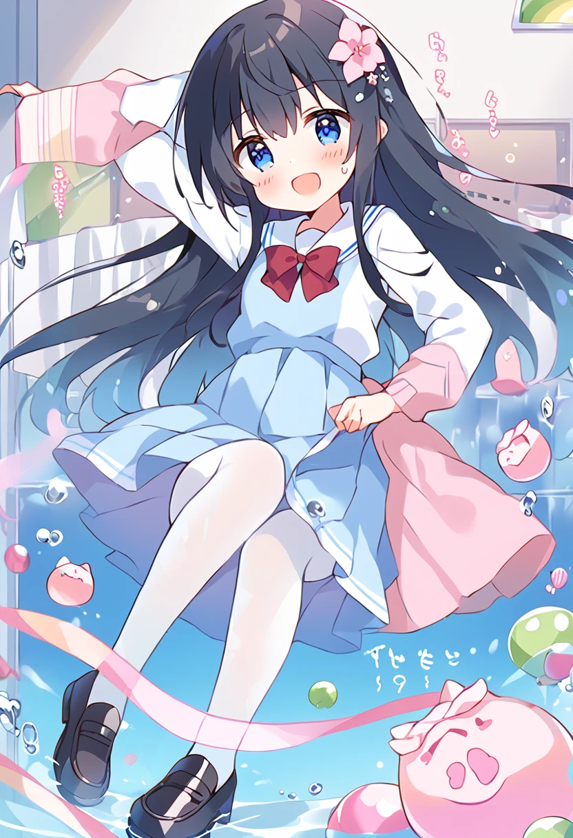 score_9, score_8_up, score_7_up, source_アニメ, masterpiece, 1girl, watahana, blue eyes, black hair, long hair, bangs, hair ornament, hair flower, pink flower, blush, school uniform, blue dress, sailor dress, pinafore dress, white sailor collar,white shirt, red bowtie, long sleeves, flat chest, white pantyhose, loafers, full body, looking at viewer, indoors, open mouth, shiny hair, smile, Open your mouth, cuteポーズ, (Completely flooded)、Immersed in water、Transparent pool, Water Play, Primary school students、Skirt fully open、Long wide skirt、cute、blush、Watery eye、Lots of water、Wet、((The skirt spreads over the water surface.))、(Drowning)、