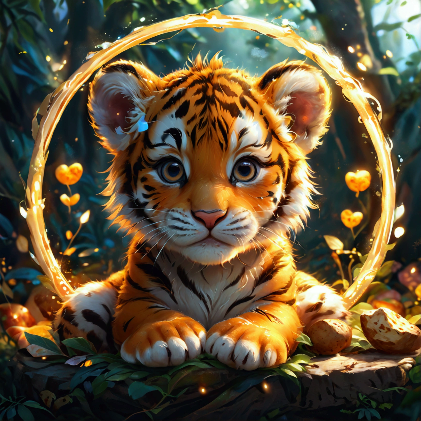 Create an illustration that meets the following conditions:。 -Create an icon with a baby tiger circle frame -Realistic anime style - Heartwarming characters -Potato Girl - Fantasy background - Baby tiger theme