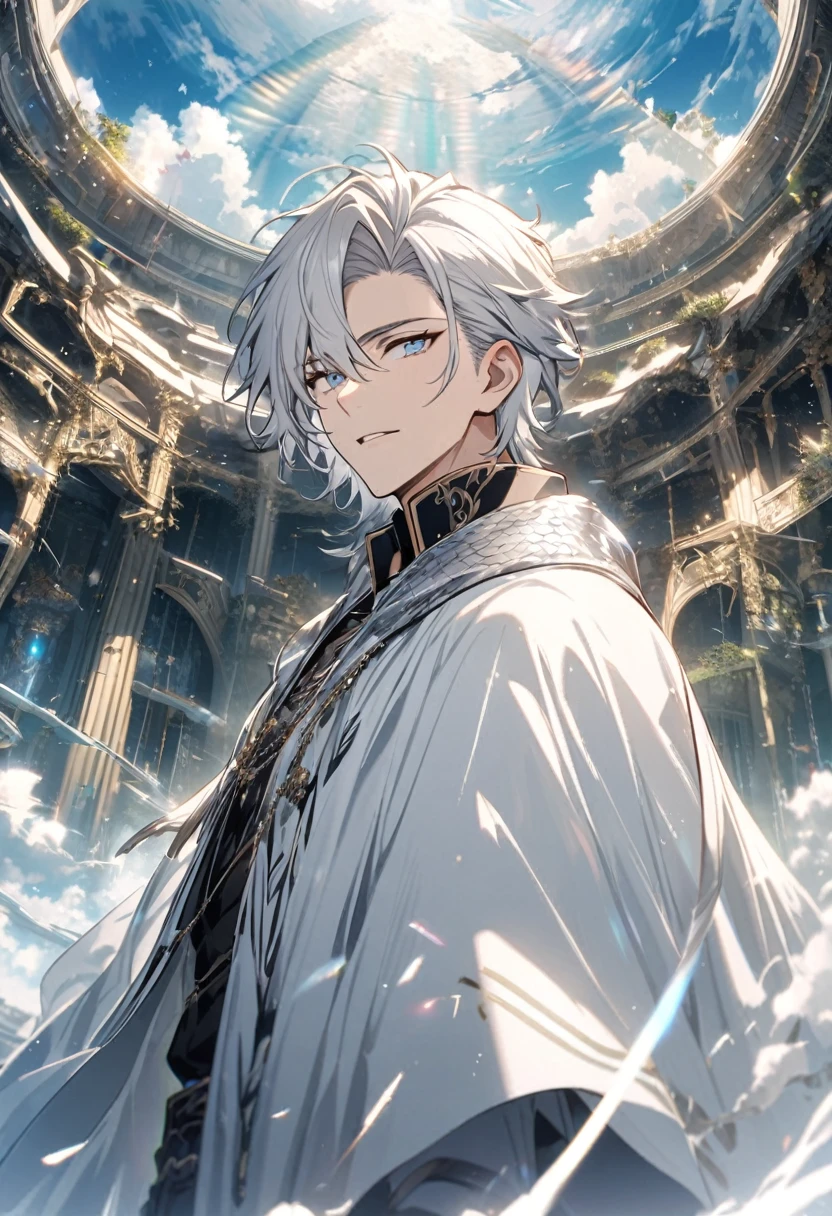 male, silver cloak, silver hair, parted bang, silver eyes, heaven, sky tiger, handsome