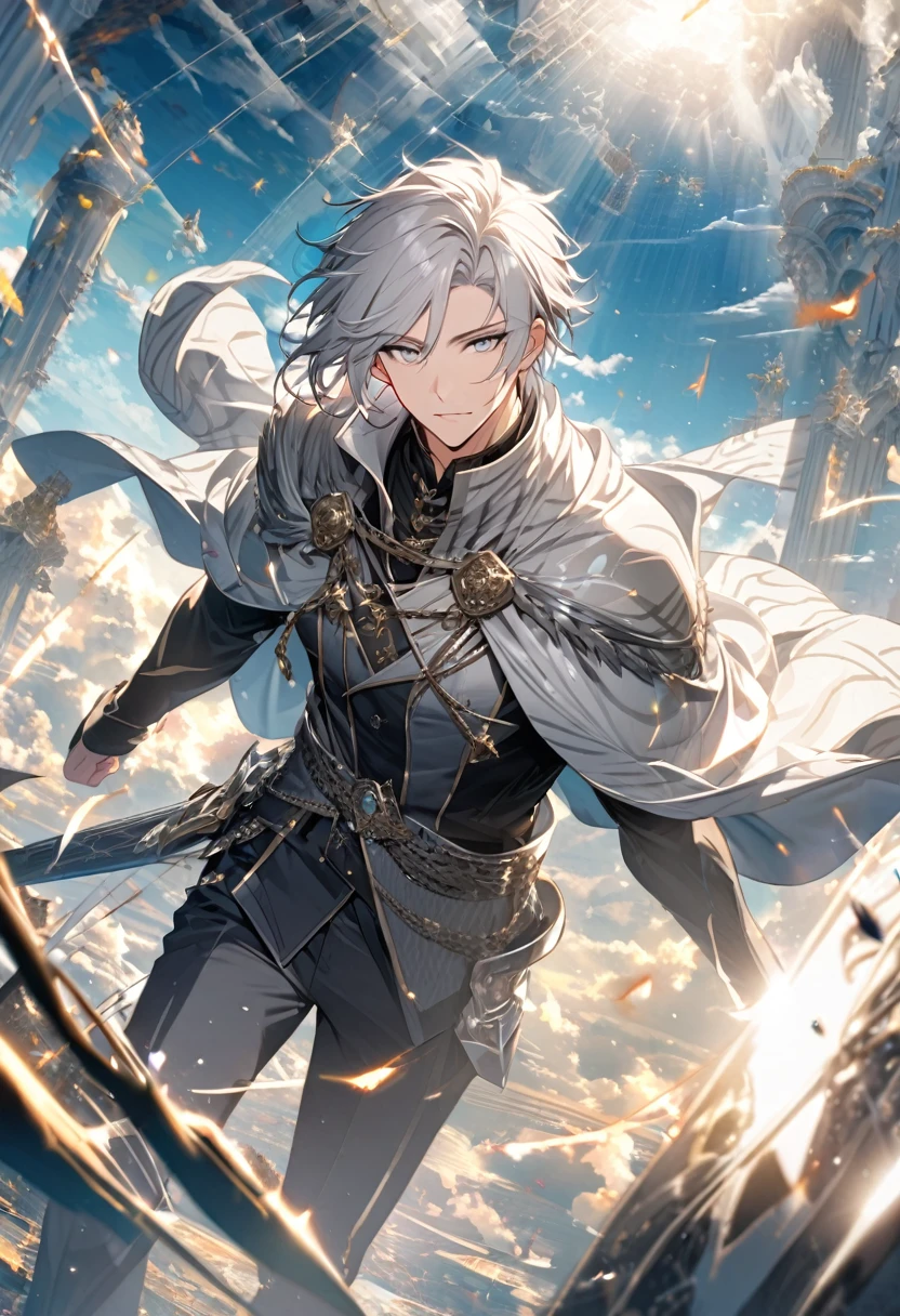male, silver cloak, silver hair, parted bang, silver eyes, heaven, sky tiger, handsome