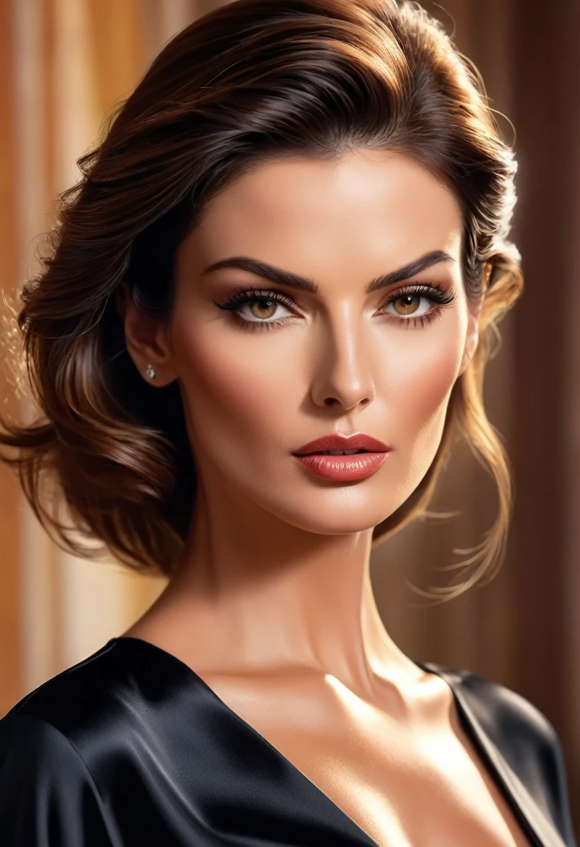 1 woman, [LindaEvangelista:0.4],Fashion Model,(Head shot Portrait)exudes beauty with her radiant, smooth skin. Her strong, serious demeanor and confident stance convey an air of convincing allure. This captivating portrait is rendered in 4k high-resolution, ensuring every detail is displayed in the best quality. The illustration showcases Selina's determined expression, captivating the viewer's attention with its intricately detailed features.black satin shirt
