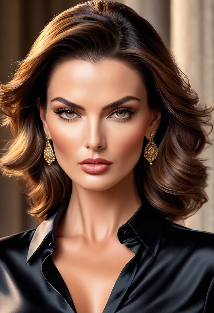 1 woman, [LindaEvangelista:0.4],Fashion Model,(Head shot Portrait)exudes beauty with her radiant, smooth skin. Her strong, serious demeanor and confident stance convey an air of convincing allure. This captivating portrait is rendered in 4k high-resolution, ensuring every detail is displayed in the best quality. The illustration showcases Selina's determined expression, captivating the viewer's attention with its intricately detailed features.black satin shirt