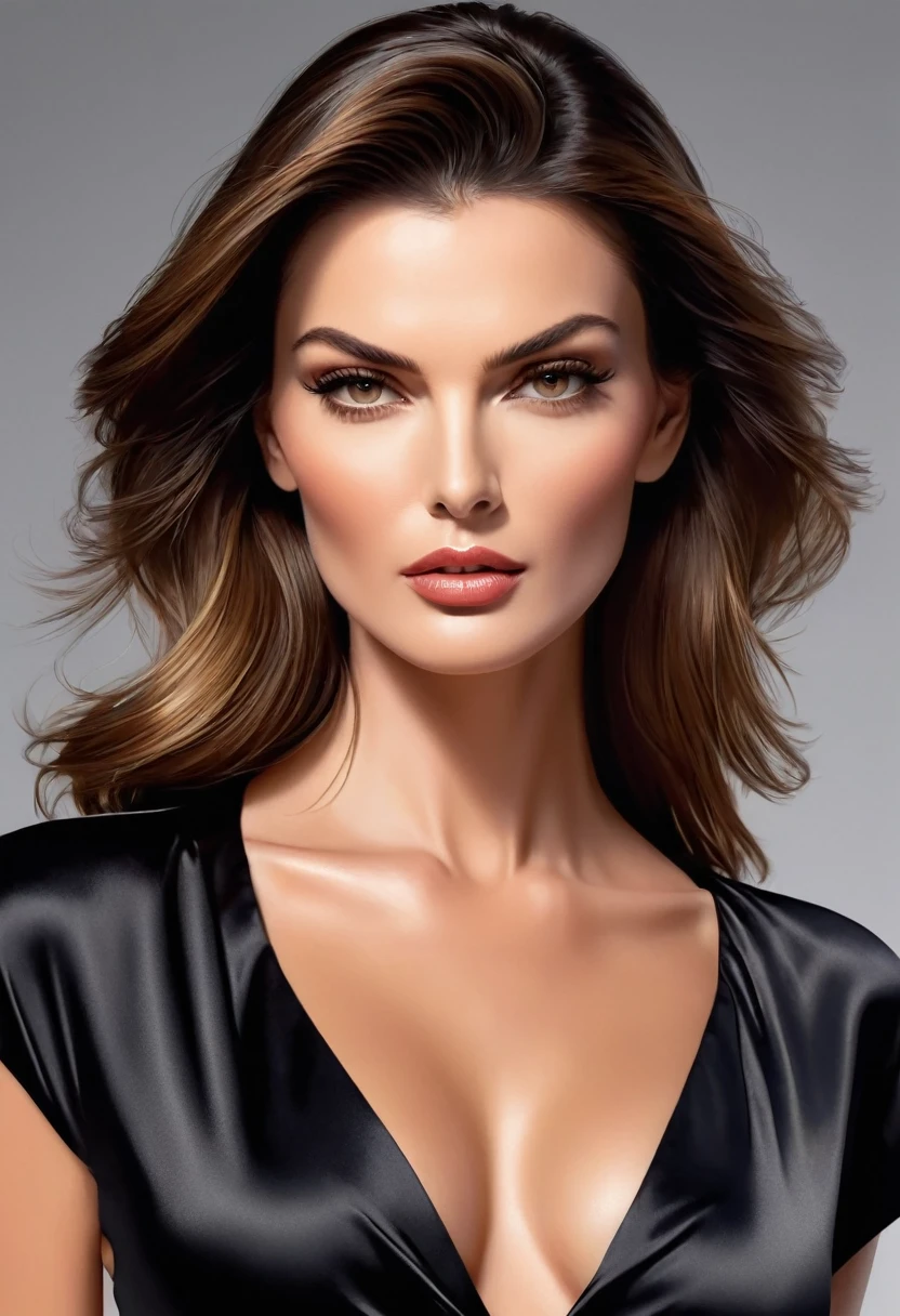1 woman, [LindaEvangelista:0.4],Fashion Model,(Head shot Portrait)exudes beauty with her radiant, smooth skin. Her strong, serious demeanor and confident stance convey an air of convincing allure. This captivating portrait is rendered in 4k high-resolution, ensuring every detail is displayed in the best quality. The illustration showcases Selina's determined expression, captivating the viewer's attention with its intricately detailed features.black satin shirt