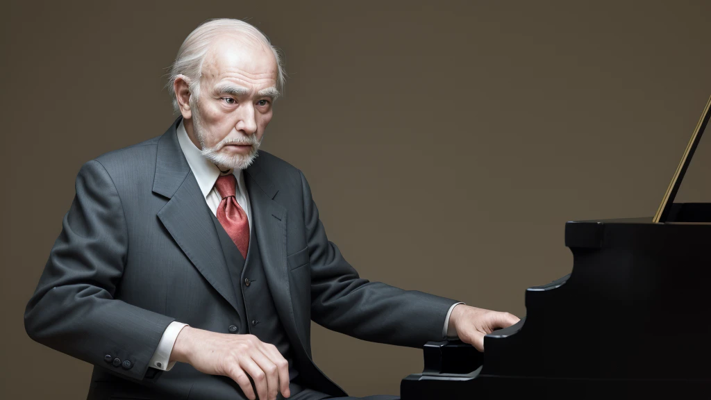 Old man in suit playing grand piano