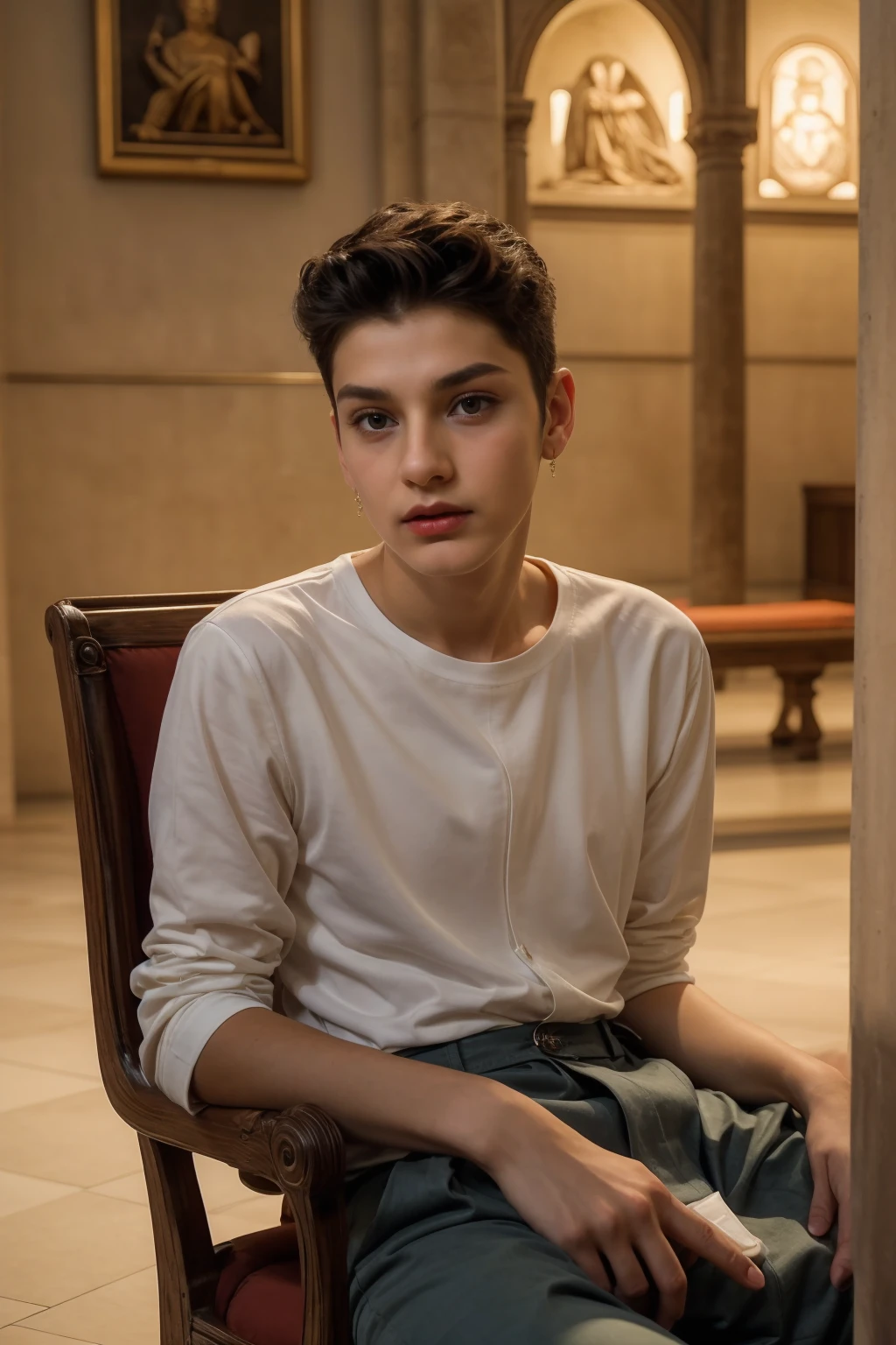 A cute, beautiful male twink with black hair and a face with makeup. He is wearing a white long-sleeved shirt and brown pants. He is in the Museum of Historical Antiquities. He looks in amazement and shock as he sits on a chair with red lips.