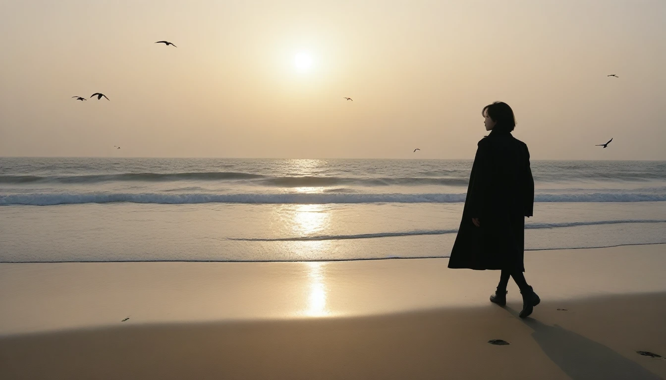 8K, Vivid picture quality, long deserted beach, A woman with short hair walking from afar, Black trench coat, sunset, alone, afternoon, depressed, birds가 밀려온다, ocean, birds, wind, short korean girl, 잔잔한 birds, bare foo