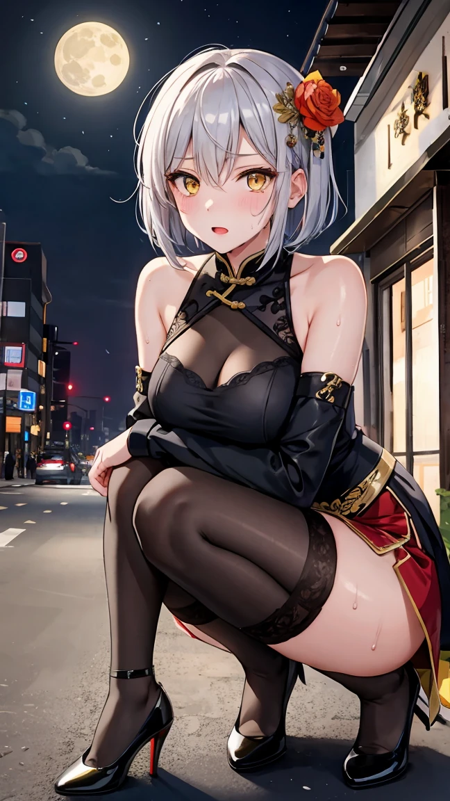 young girl , short silver bob hair, hair flower, sharp bangs between the eyes, yellow eyes, eyes large, provocative look, obscene expression, notable physical features, traditional chinese imperial clothes black with gold details, red skirt, black thigh high socks., half-sided angle, crouched in the street. japanese city, outdoor city, city at night, with full moon in the background, light reflecting on the sexy and sweaty body. (((sweat))) (work of art:1.2,) (best qualityer.)