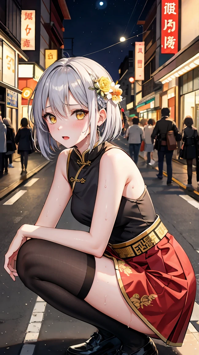 young girl , short silver bob hair, hair flower, sharp bangs between the eyes, yellow  eyes, eyes large, provocative look, obscene expression, notable physical features, traditional chinese imperial clothes black with gold details, red skirt, black thigh high socks., half-sided angle, crouched in the street. japanese city, outdoor city, city at night, with full moon in the background, light reflecting on the sexy and sweaty body. (((sweat))) (work of art:1.2,) (best qualityer.)