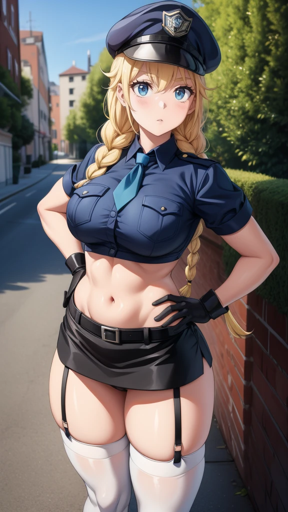 a cartoon character in a sexy outfit posing in the street with a bush, police, police uniform, 1girl, policewoman, shirt, skirt, hat, necktie, police hat, blue eyes, gloves, breasts, blonde hair, thighhighs, solo, navel, garter straps, looking at viewer, short sleeves, large breasts, underwear, miniskirt, midriff, ass visible through thighs, panties, outdoors, skindentation, braid, hand on hip, belt, black skirt, uniform, collared shirt, frown, thighs, peaked cap, crop top, black panties, blue shirt, breast pocket, v-shaped eyebrows,Eiko Tsukimi, blue eyes, braid, twin braid,blonde hair,baseball cap