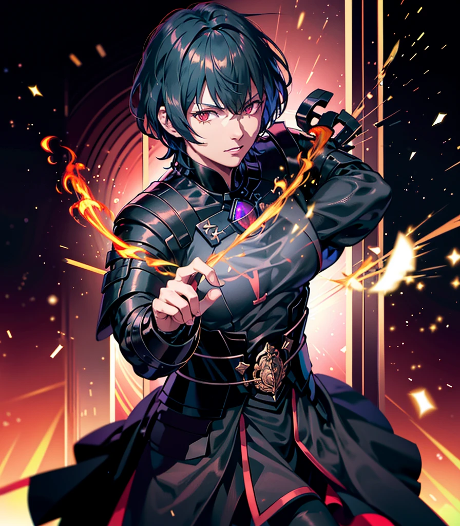 1 person, good looking, expensive, Dark brown skin, Black Hair, Red eyes, Science fiction, Wearing a black military uniform, Completely isolated on a pitch black background, High resolution, Super sharp, 8K, masterpiece, View your viewers, High resolution, Sharp focus, Absurd, Bokeh,Upper Body,Byleth