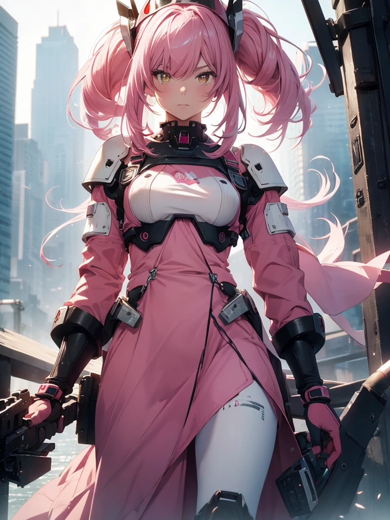 (8K, RAW Photos, Highest quality, masterpiece), Ultra-high resolution, (Realistic, photo-Realistic), One girl, emotionless, alone, Pink Hair, Yellow Eyes, Professional Lighting, Detailed lighting, Backlight, Depth of written boundary, Natural light, Sharp focus, 2 meter shooting range, Professional photography, Fine grain, Realistic eyes, Detailed Shadows, CG games, Cosplay, Pink clothes with arm ring,  suspenders, Upper Body, Pink clothes, exterior, Crown, Gundam, Mecha, robot