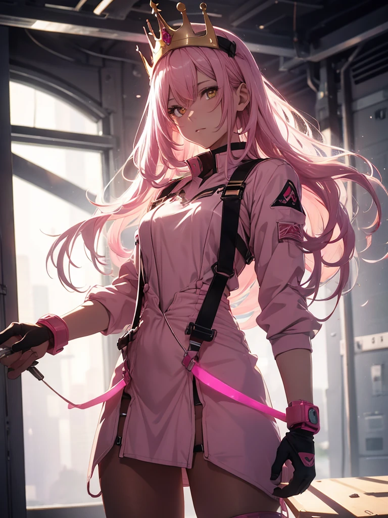 (8K, RAW Photos, Highest quality, masterpiece), Ultra-high resolution, (Realistic, photo-Realistic), One girl, emotionless, alone, Pink Hair, Yellow Eyes, Professional Lighting, Detailed lighting, Backlight, Depth of written boundary, Natural light, Sharp focus, 2 meter shooting range, Professional photography, Fine grain, Realistic eyes, Detailed Shadows, CG games, Cosplay, Pink clothes with arm ring,  suspenders, Upper Body, Pink clothes, exterior, Crown, Gundam, Mecha, robot