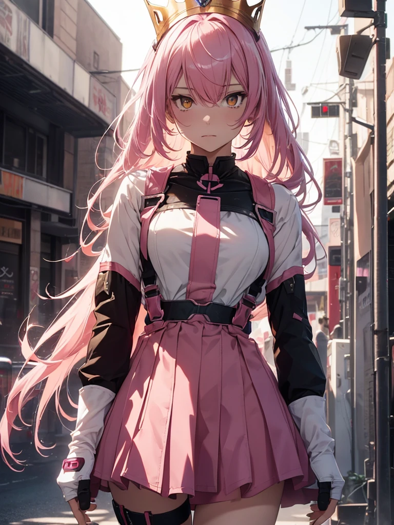 (8K, RAW Photos, Highest quality, masterpiece), Ultra-high resolution, (Realistic, photo-Realistic), One girl, emotionless, alone, Pink Hair, Yellow Eyes, Professional Lighting, Detailed lighting, Backlight, Depth of written boundary, Natural light, Sharp focus, 2 meter shooting range, Professional photography, Fine grain, Realistic eyes, Detailed Shadows, CG games, Cosplay, Pink clothes with arm ring,  suspenders, Upper Body, Pink clothes, exterior, Crown, Gundam, Mecha, robot