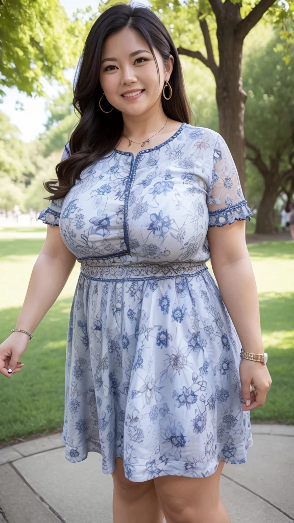 A beautiful and hot almost chubby mature woman.who is wearing a patterned short dress and is and standing in the park. A smiling face

