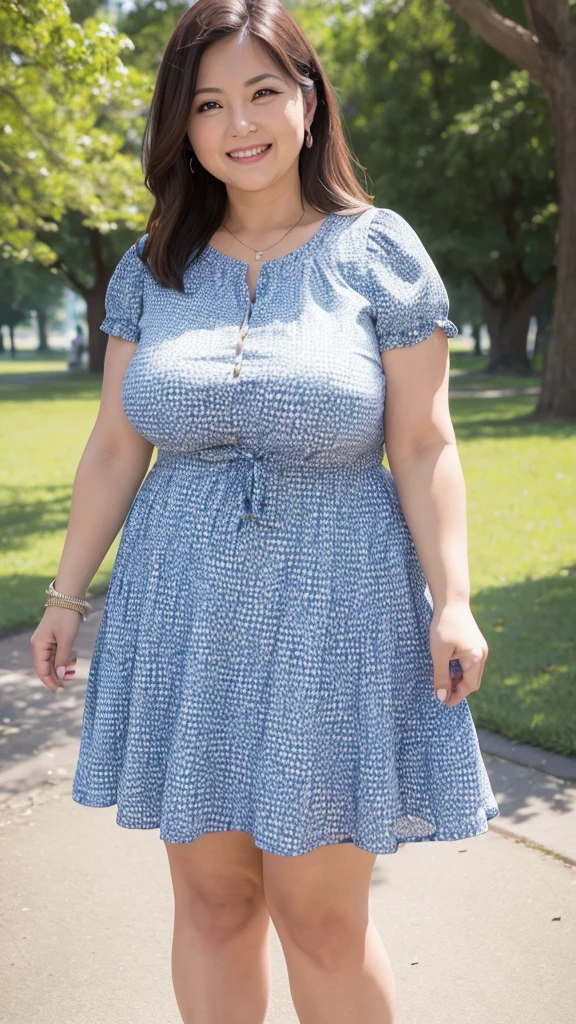 A beautiful and hot almost chubby mature woman.who is wearing a patterned short dress and is and standing in the park. A smiling face
