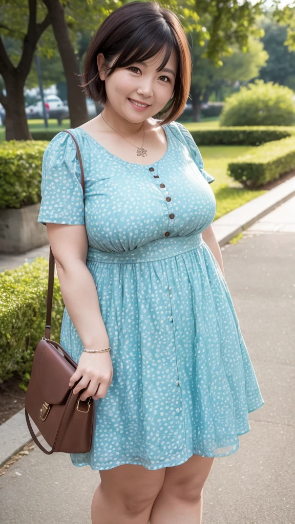 A beautiful and hot almost chubby mature woman.who is wearing a patterned short dress and is and standing in the park. A smiling face

