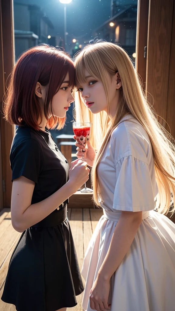 (Natural strawberry blonde and redhead girls with pretty faces), Cute pose, wearing a button dress, Atmospheric, Dark atmosphere, Edge lighting, Sayaka Yamamoto, Saito Asuka, Mao Akiyama's facial features, 8K, Full 体 portrait, Elegant outfit, Natural light, Spooky greenhouse at night, Sharp focus, (Highly detailed eyes and face:1.1, Professional photography techniques), (Beautiful small face, beautiful girl, high , Idol Face, Baby Face:1.4)Happy, K UHD, Hmph, Beautiful and soft skin, Vibrant Skin, blush, (Chirarizum:1.3, Unbutton the dress:1.5), ((Beautiful breasts:1.2, Cleavage)), (Small beautiful butt), (Detailed hands:1.1, The optimal ratio is four fingers to one thumb), Perfect proportions, (Perfect Anatomy:1.3), (Highest quality, Masterpiece, Highest quality, Ultra high definition, Photorealism:1.4), ((Touching each other's breasts:1.4))