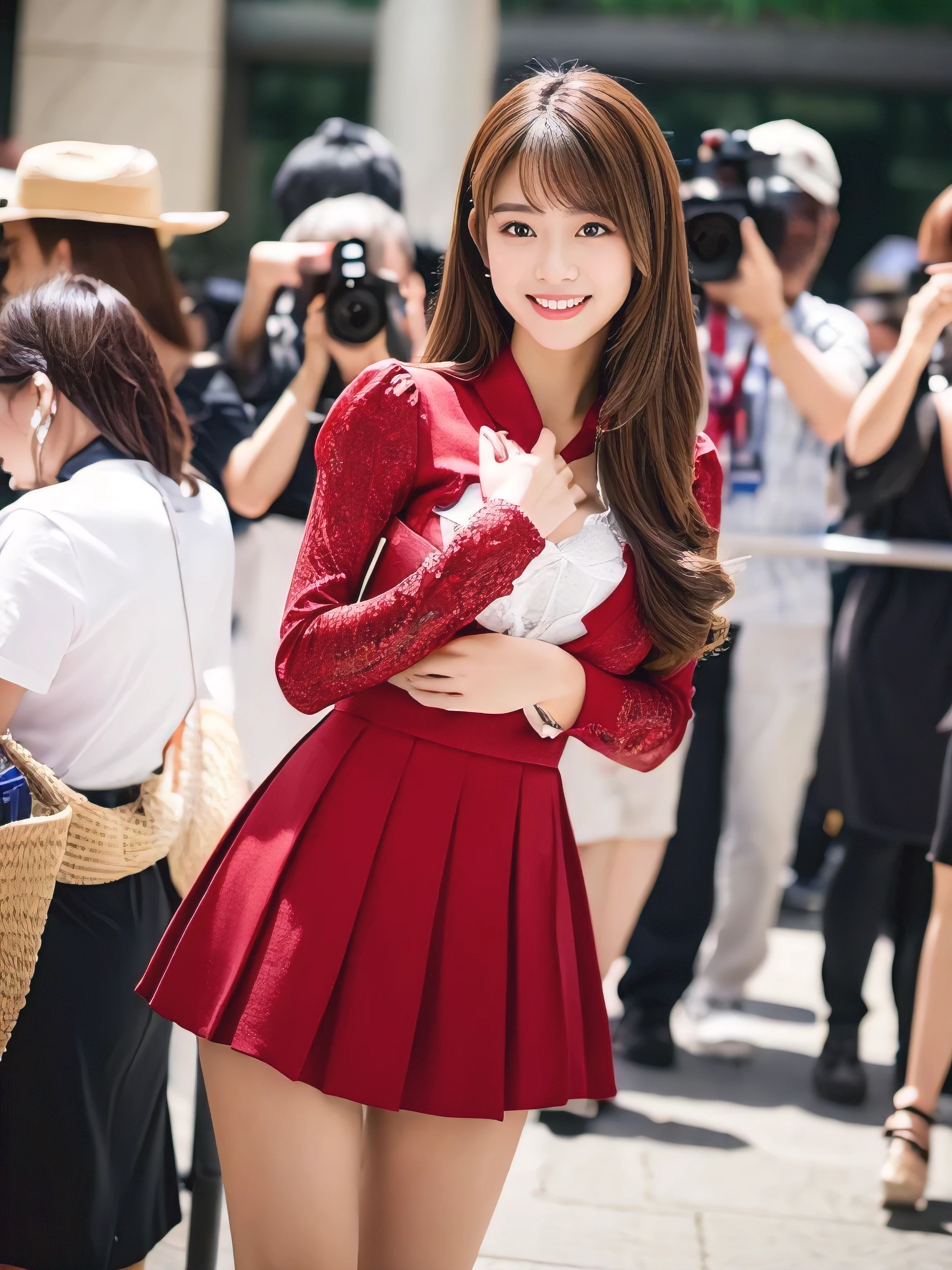 (top-quality、8k、32k、masterpiece、UHD:1.2)、{{Photo of 18 year old Japanese woman}}、(Sad smile、red blush:1.1)、looking at the viewers、{{(Beautiful detailed dress skirt:1.2)}}、detailed legs、(Spread legs:0.9)、(Lace pantie:0.9)、{{(wind lift:1.6)}}、full bodyesbian、the wind、City、outside of house