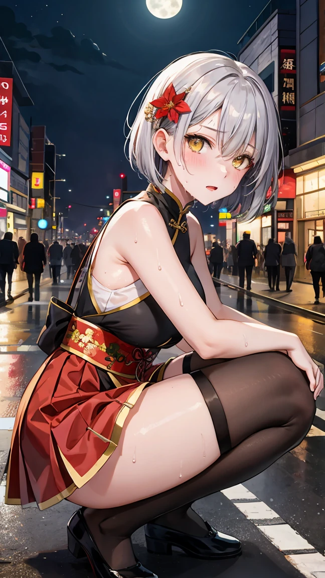 young girl 16 years old, short silver bob hair, hair flower, sharp bangs between the eyes, yellow  eyes, eyes large, provocative look, obscene expression, notable physical features, traditional chinese imperial clothes black with gold details, red skirt, black thigh high socks., half-sided angle, crouched in the street. japanese city, outdoor city, city at night, with full moon in the background, light reflecting on the sexy and sweaty body. (((sweat))) (work of art:1.2,) (best qualityer.)