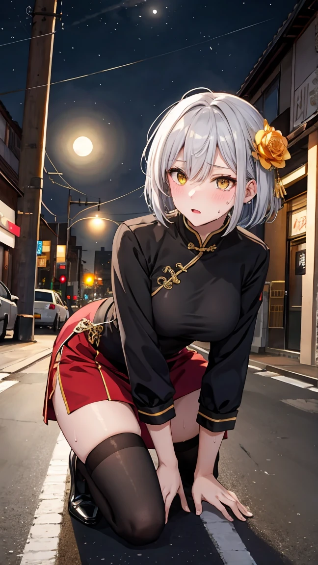 young girl , short silver bob hair, hair flower, sharp bangs between the eyes, yellow eyes, eyes large, provocative look, obscene expression, notable physical features, traditional chinese imperial clothes black with gold details, red skirt, black thigh high socks., half-sided angle, crouched in the street. japanese city, outdoor city, city at night, with full moon in the background, light reflecting on the sexy and sweaty body. (((sweat))) (work of art:1.2,) (best qualityer.)