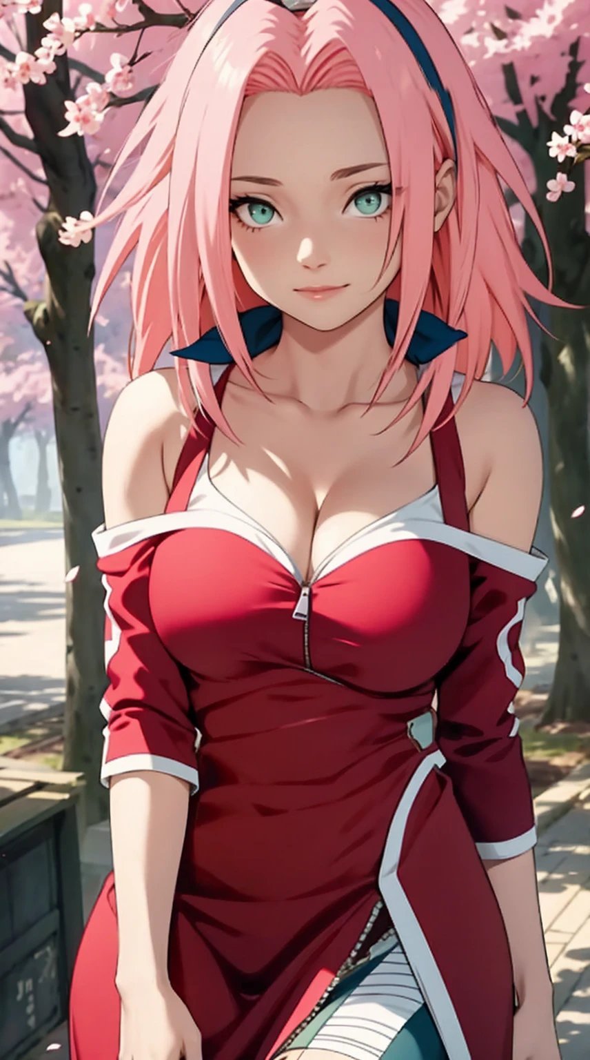 tmasterpiece， Best quality at best， 1girll， Sakura Haruno， Large breasts，Off-the-shoulder attire，（cleavage)，（upperbody closeup)，Raised sexy，is shy，ssmile，with pink hair， long whitr hair， （Green eyeballs:1.4)， Forehead protection， the cherry trees，Cherry blossoms flying，Red clothes，Zipper half, deep cleavage, revealing clothes,