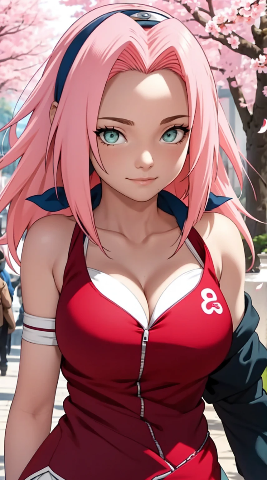 tmasterpiece, Best quality at best, 1girll, Sakura Haruno, Large breasts,Off-the-shoulder attire,(cleavage),(upperbody closeup),Raised sexy,is shy,ssmile,with pink hair, long whitr hair, (Green eyeballs:1.4), Forehead protection, the cherry trees,Cherry blossoms flying,Red clothes,Zipper half, deep cleavage, revealing clothes,