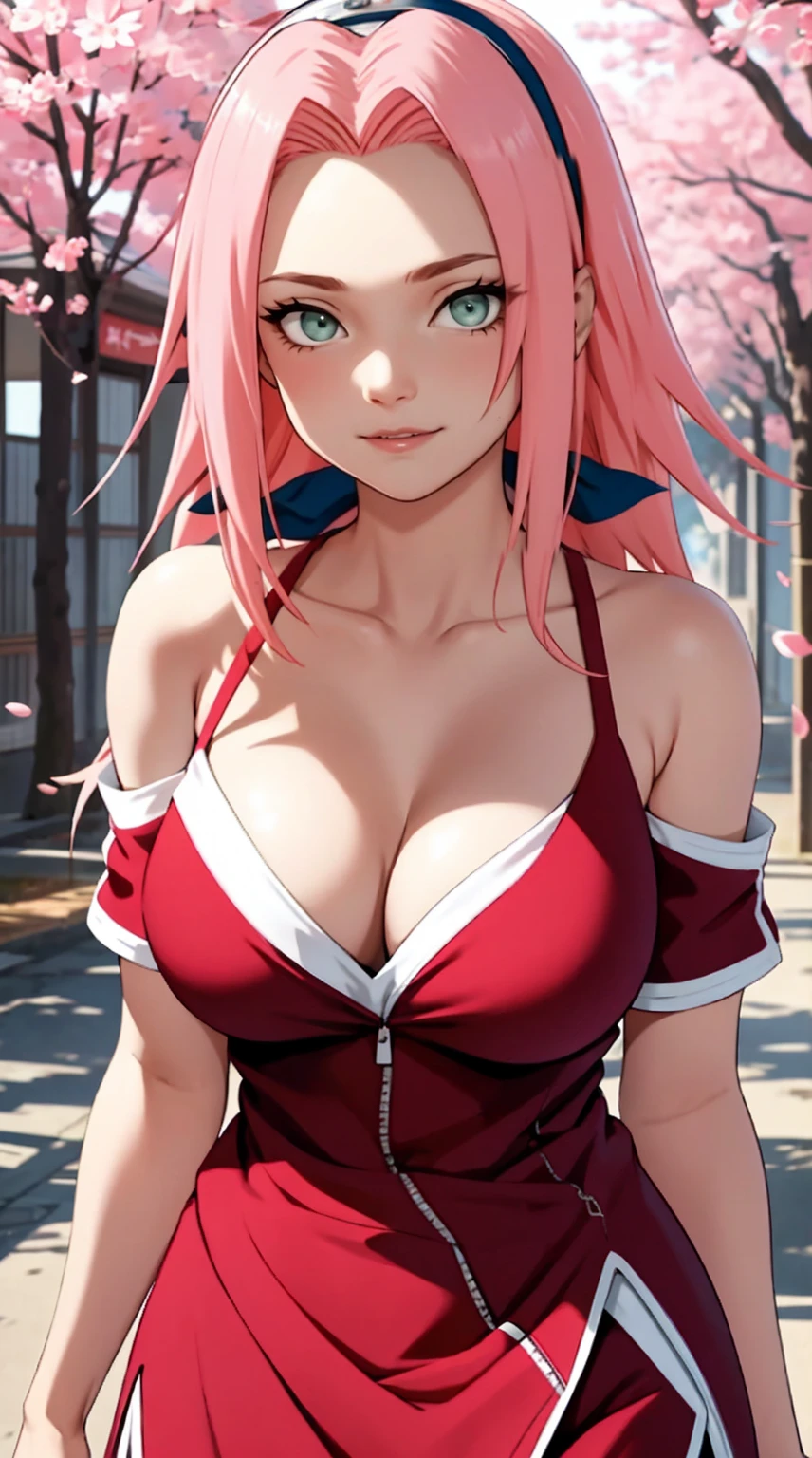 tmasterpiece, Best quality at best, 1girll, Sakura Haruno, Large breasts,Off-the-shoulder attire,(cleavage),(upperbody closeup),Raised sexy,is shy,ssmile,with pink hair, long whitr hair, (Green eyeballs:1.4), Forehead protection, the cherry trees,Cherry blossoms flying,Red clothes,Zipper half, deep cleavage, revealing clothes,