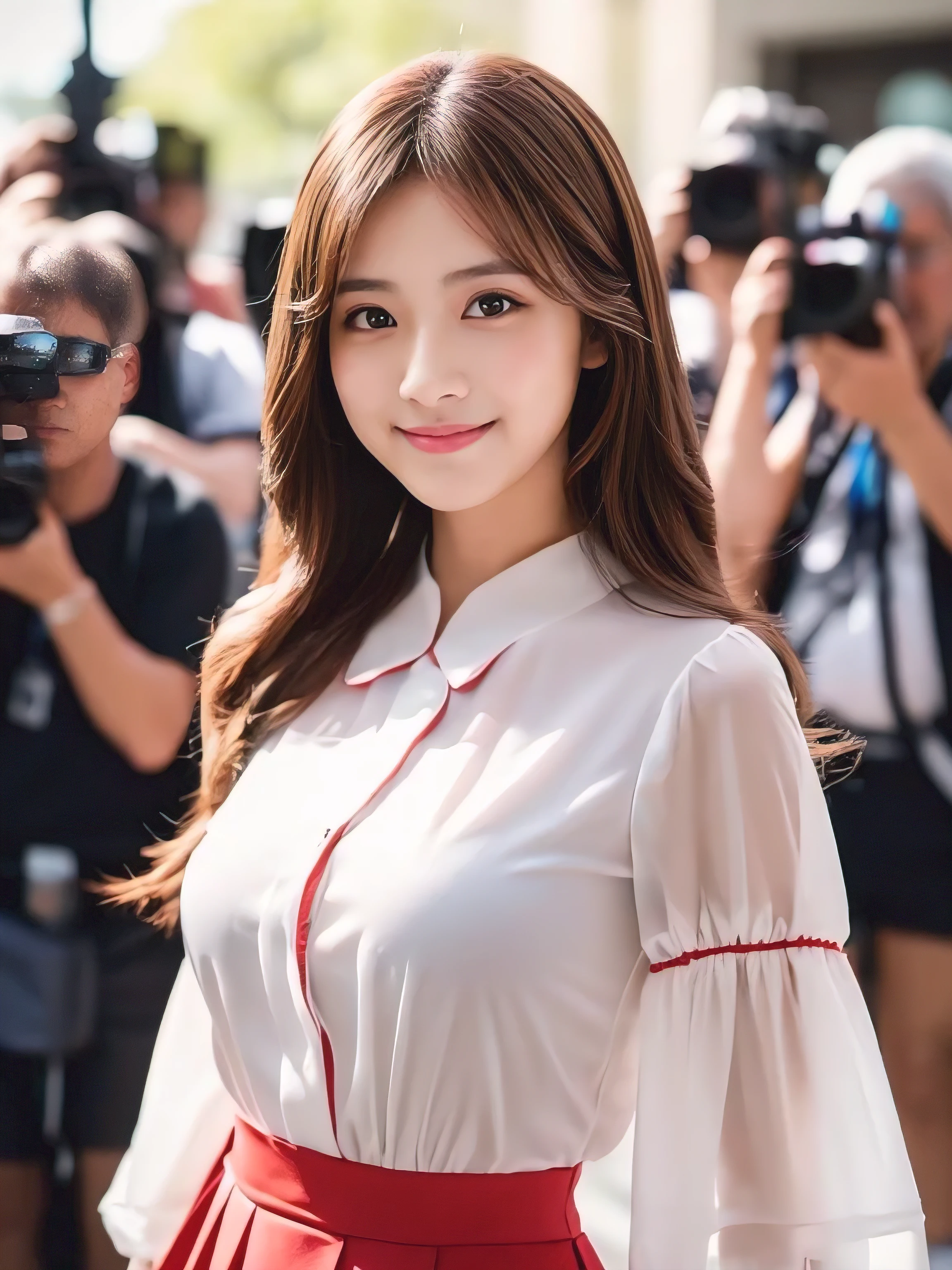 ((Highest quality, 8K, masterpiece: 1.3)), 1 Girl, smile, whole body, Slim face, Beautiful woman, ((Extra long brown hair:1.2))、wearing so pretty red maid outfit_mini pleated skirt see through sleeves、High heels, Highly detailed face, Fine grain, double eyelid, Blurred Background, Slim face, full figure supermodel standing, entire body in frame、full body portrait、At the cosplay event venue、Larger breasts、Place your left hand gently on your chin，right hand holding her breast,Lots of photographers around、Surrounded by a crowd of photographers