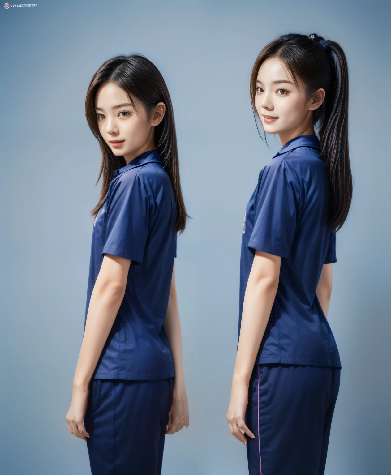 (best quality,10,10,height,Masterpiece:1.2),Special details,(realistic,ภาพrealistic,Realistic photos:1.37),1 Cute girl in the kitchen,shiny, ผิวshiny,only,smile softly,BDclothelue shirt:1.3)),short sleeve,shirt, กางเกงขาlong.,(navy_long_track pants:1.1), ((Kitchen Background)),Dynamic angle,excited,Face focus,dynamic poses,from behind,focus on ass,Masterpiece, best quality, ultra realistic, hyper detail, 8k resolution, raw photos, Sharp focus, ((Navy blue shirt:1.1)), short sleeve, เส้นทางlong, perfect body, 2 mature women, 18 years old, Cinema-grade lighting system,blue sweatpants,shirtผ้าออกกำลังกาย,correct anatomy,perfect body, correct body, Sharp face, correct bodyทางกายวิภาค, full body, realistic gestures, long-haired, realistic poses,Wear long shorts...........................,ช่วงขาlong,Good shape,carved girl, Slender figure, model, Good shape, beautiful body,blue sweatpants, two girls kissing