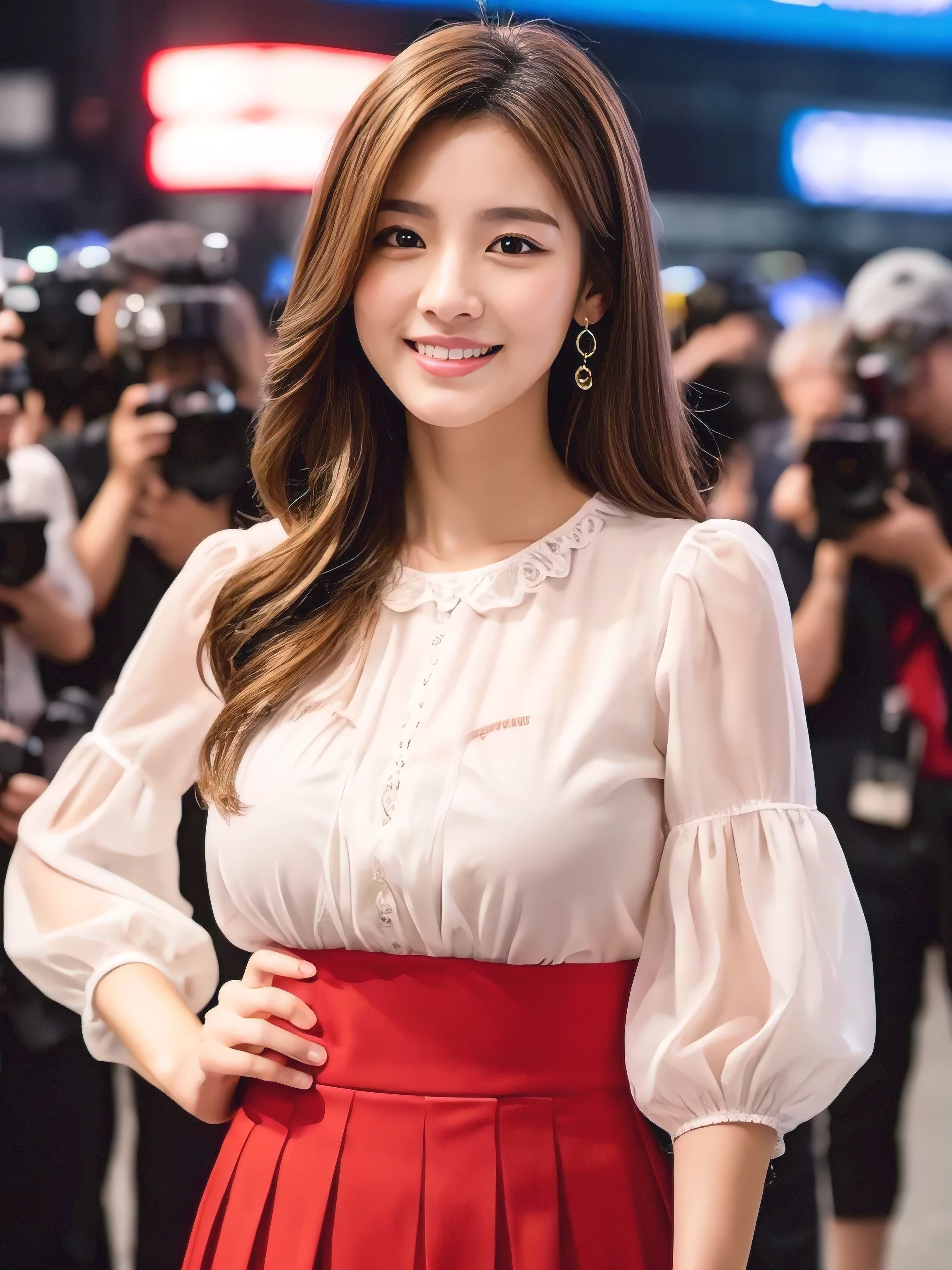 ((Highest quality, 8K, masterpiece: 1.3)), 1 Girl, smile, whole body, Slim face, Beautiful woman, ((Extra long brown hair:1.2))、wearing so pretty red maid outfit_mini pleated skirt see through sleeves、High heels, Highly detailed face, Fine grain, double eyelid, Blurred Background, Slim face, full figure supermodel standing, entire body in frame、full body portrait、At the cosplay event venue、Larger breasts、Place your left hand gently on your chin，right hand holding her breast,Lots of photographers around、Surrounded by a crowd of photographers