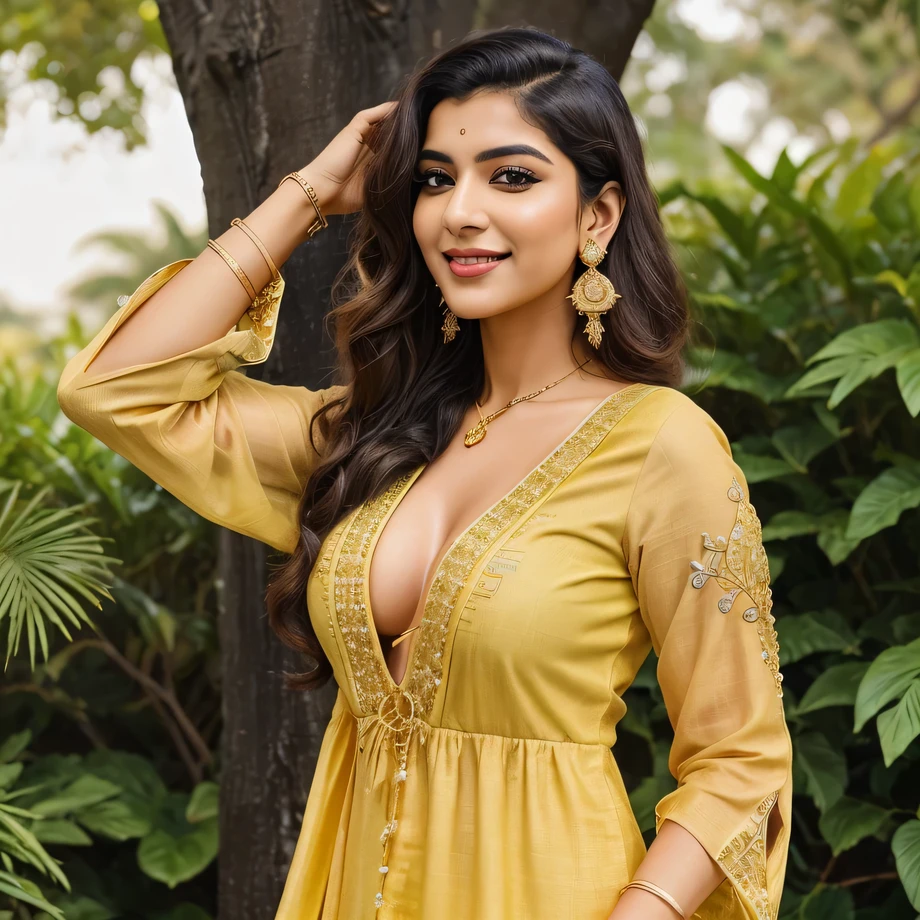 "Generate an image of Marina, a 25-year-old modern Indian influencer, in a realistic outdoor setting. She is wearing a mustard yellow kurti with intricate gold embroidery along the neckline and sleeve cuffs. The kurti has a deep V-neckline, emphasizing her enhanced bust size. Her hair is styled in long, loose waves, cascading over her shoulders. Marina is accessorized with large, traditional gold earrings that complement her outfit. She is smiling warmly, exuding confidence and grace. The background is a lush, green park with trees, adding a natural and serene ambiance to the image."