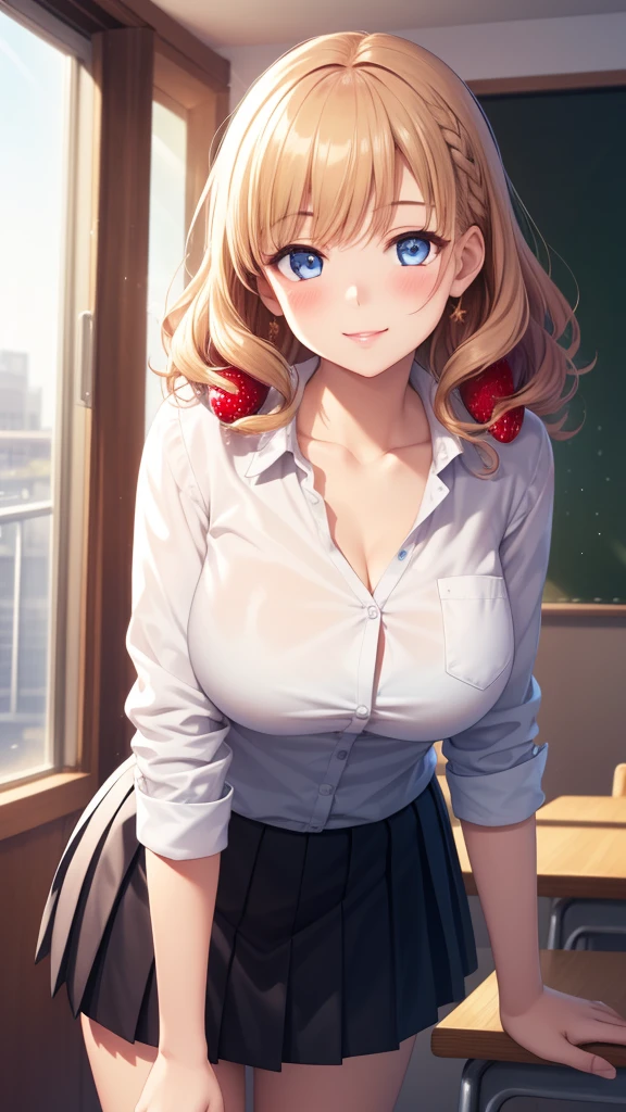 1girl, natural lighting, masterpiece, highly detailed, illustration, game CG, absurdres, high quality, aichan, large breasts, beautiful detailed eyes, detailed hair, glossy lips, blush, school, white shirt, black pleated miniskirt, collarbone, very curly hair, leaning forward, light smile, ((strawberry blonde hair))