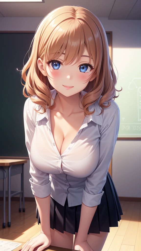 1girl, natural lighting, masterpiece, highly detailed, illustration, game CG, absurdres, high quality, aichan, large breasts, beautiful detailed eyes, detailed hair, glossy lips, blush, school, white shirt, black pleated miniskirt, collarbone, very curly hair, leaning forward, light smile, ((strawberry blonde hair))