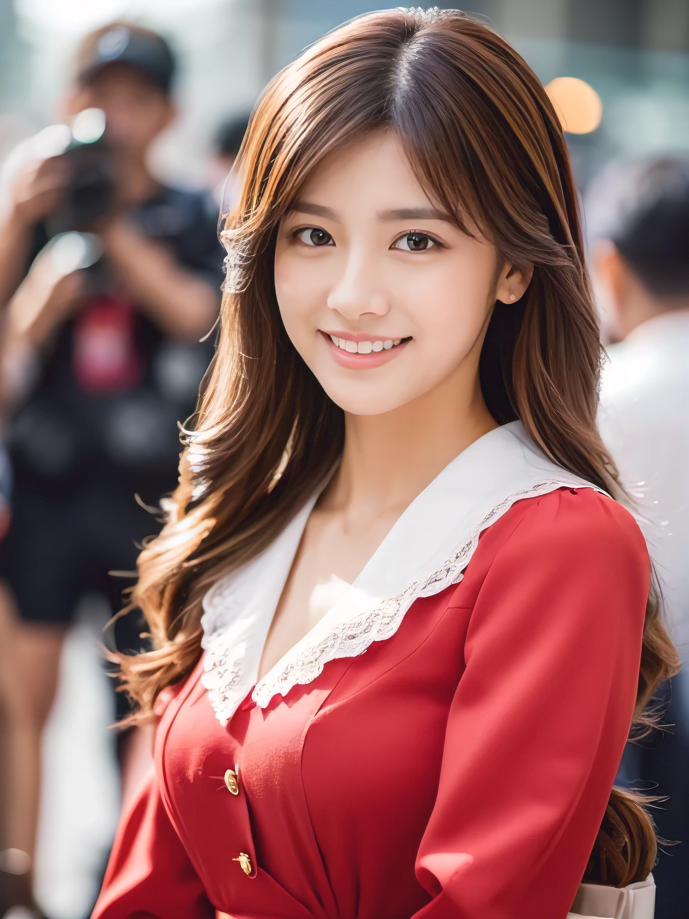 ((Highest quality, 8K, masterpiece: 1.3)), 1 Girl, smile, whole body, Slim face, Beautiful woman, ((Extra long brown hair:1.2))、wearing so pretty red maid outfit_mini pleated skirt see through sleeves、High heels, Highly detailed face, Fine grain, double eyelid, Blurred Background, Slim face, full figure supermodel standing, entire body in frame、full body portrait、At the cosplay event venue、Larger breasts、Place your left hand gently on your chin，right hand holding her breast,Lots of photographers around、Surrounded by a crowd of photographers