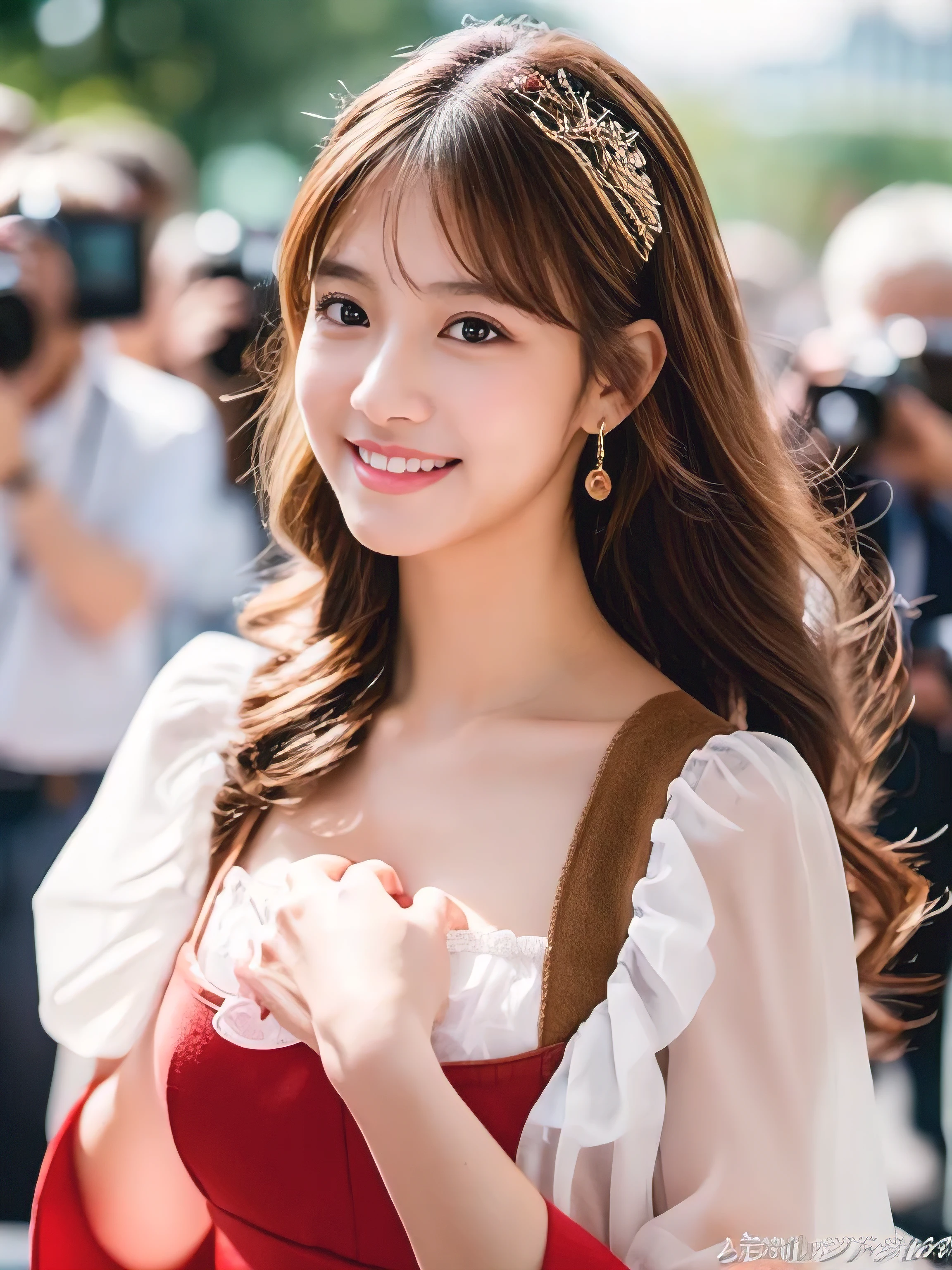 ((Highest quality, 8K, masterpiece: 1.3)), 1 Girl, smile, whole body, Slim face, Beautiful woman, ((Extra long brown hair:1.2))、wearing so pretty red maid outfit_mini pleated skirt see through sleeves、High heels, Highly detailed face, Fine grain, double eyelid, Blurred Background, Slim face, full figure supermodel standing, entire body in frame、full body portrait、At the cosplay event venue、Larger breasts、Place your left hand gently on your chin,right hand holding her breast,Lots of photographers around、Surrounded by a crowd of photographers,k-popを踊る