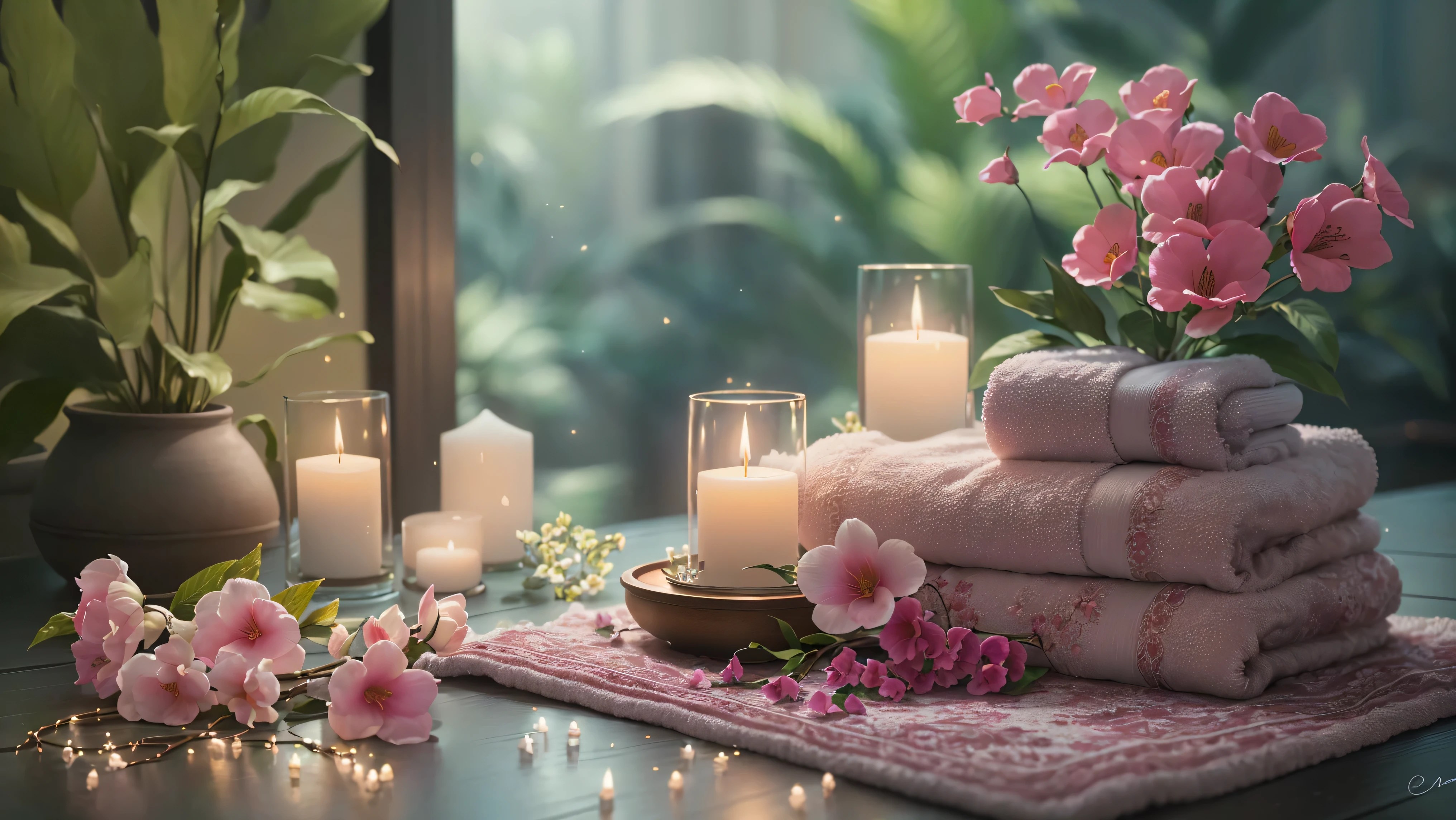 There are flowers and candles on the table、Candles and towels are placed, Relaxing environment, Relaxed atmosphere, relaxed mood, Romantic atmosphere, Peaceful atmosphere, Romantic atmosphere, Beautiful atmosphere, Cozy and serene atmosphere, Beautiful atmosphere, Cozy home background, Luxurious surroundings, Highly detailed scenes, Photorealistic cinematic rendering, Ultra-realistic detailed rendering, Highly detailed soft lighting、8K