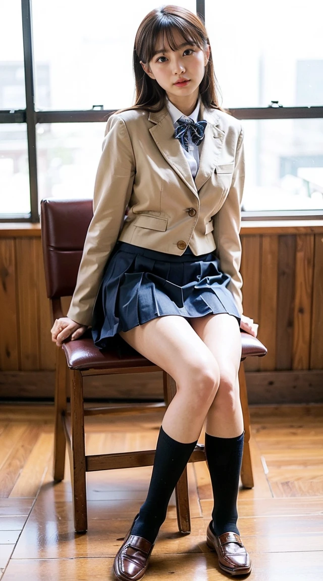 (8K、RAW Photos、Highest quality、masterpiece:1.2)、(Realistic、Photorealistic)、1 Girl、((Check mini skirt、Loafer Uniform、blazer、Big Breasts、classroom、I sat on a chair、Viewed from the front、Stand with your feet apart、))、Lots of eyelashes、Add shine to your eyelids、skeletally correct、Show off your panties、((Open your legs to the side:1.6))、Panty Shot、sexy、Showing off panties、Show off your panties