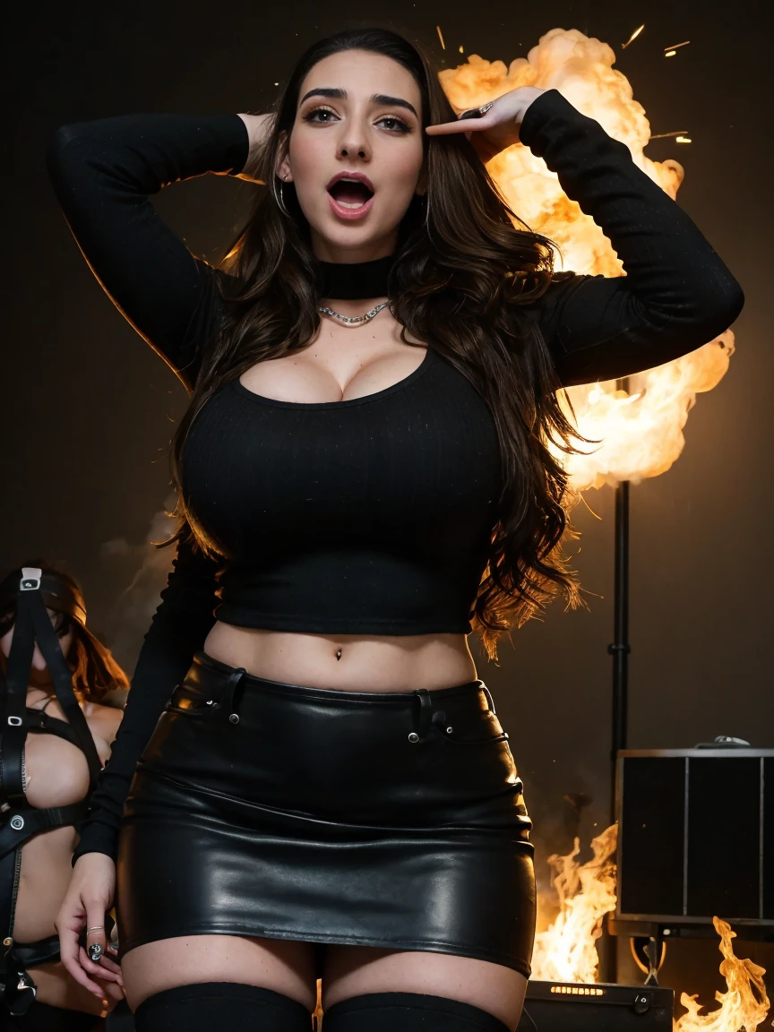 Extremely busty thin and toned brunette death metal singer, college girl, fair skin, big hair, hair pulled back, soft face, athletic, heavy makeup, piercings, black leather, studs, tight black top, boots, fingerless gloves, tight skirt, chains. standing on a stage, pyrotechnics, holding a microphone, metal concert. (microphone), angry, rage, screaming. Heavy metal. Death metal. Explosions, fire.